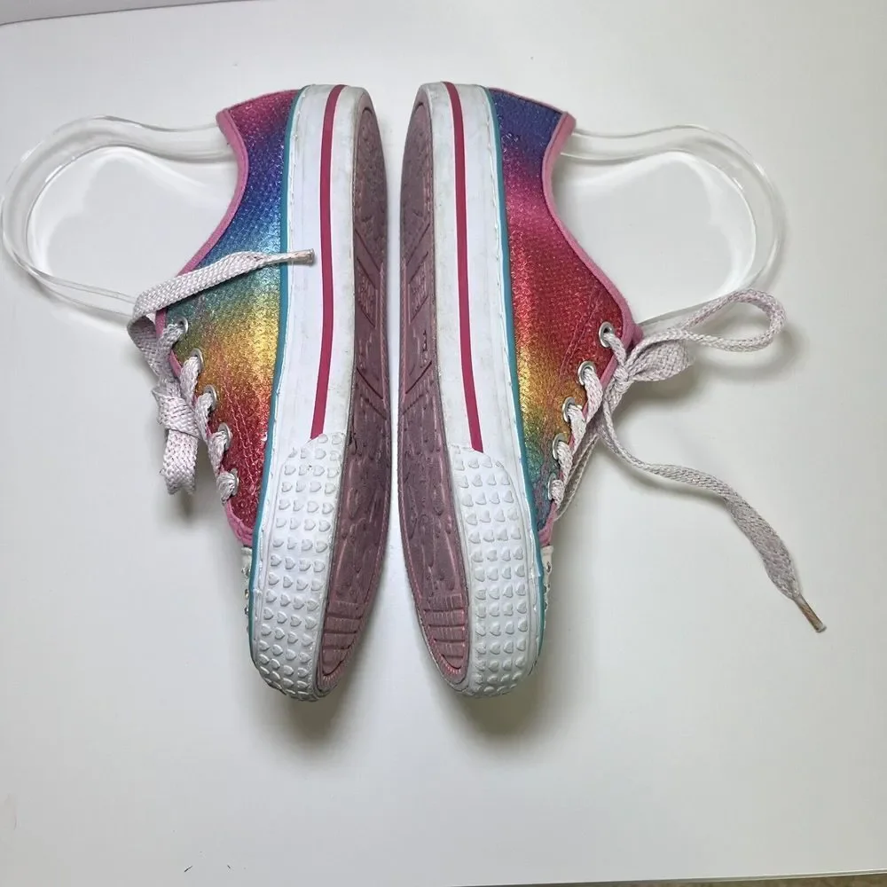 Paris Blues Sequin Rainbow Rhinestone Heart Sneakers Shoes Lace Up Girls Flats 1